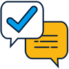 a blue tick and yellow chat bubbles