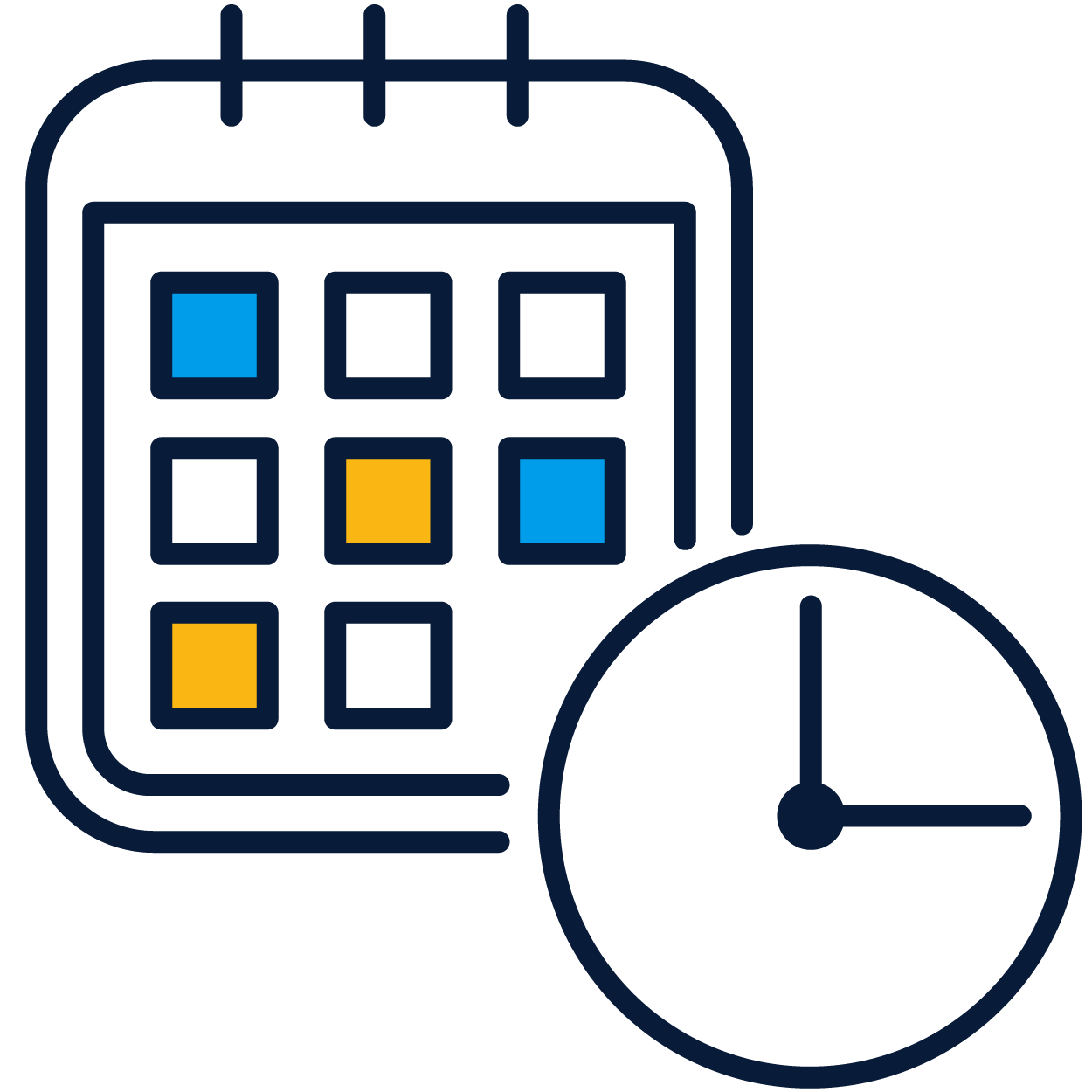 a calendar and clock with blue and yellow squares