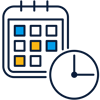 a calendar and clock with blue and yellow squares