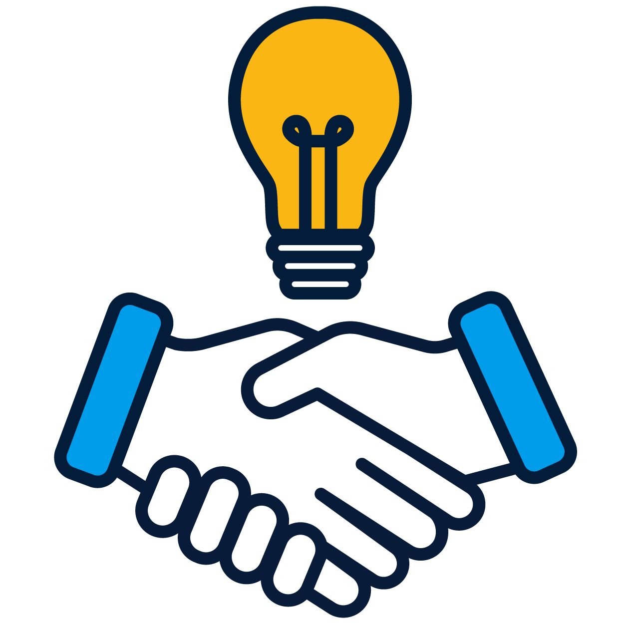 a hands shaking with a light bulb above them