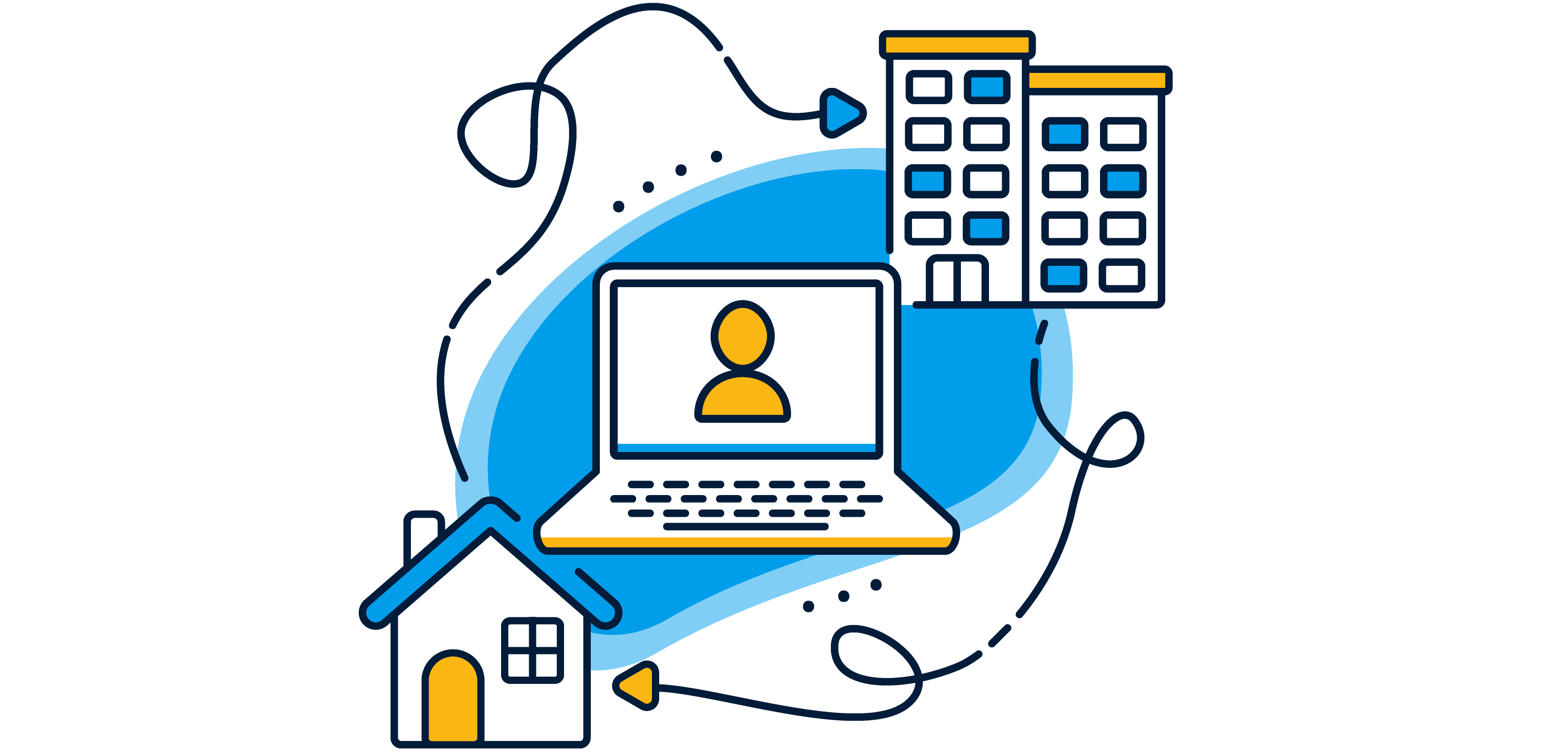 a laptop and buildings with a black background