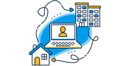 a laptop and buildings with a black background