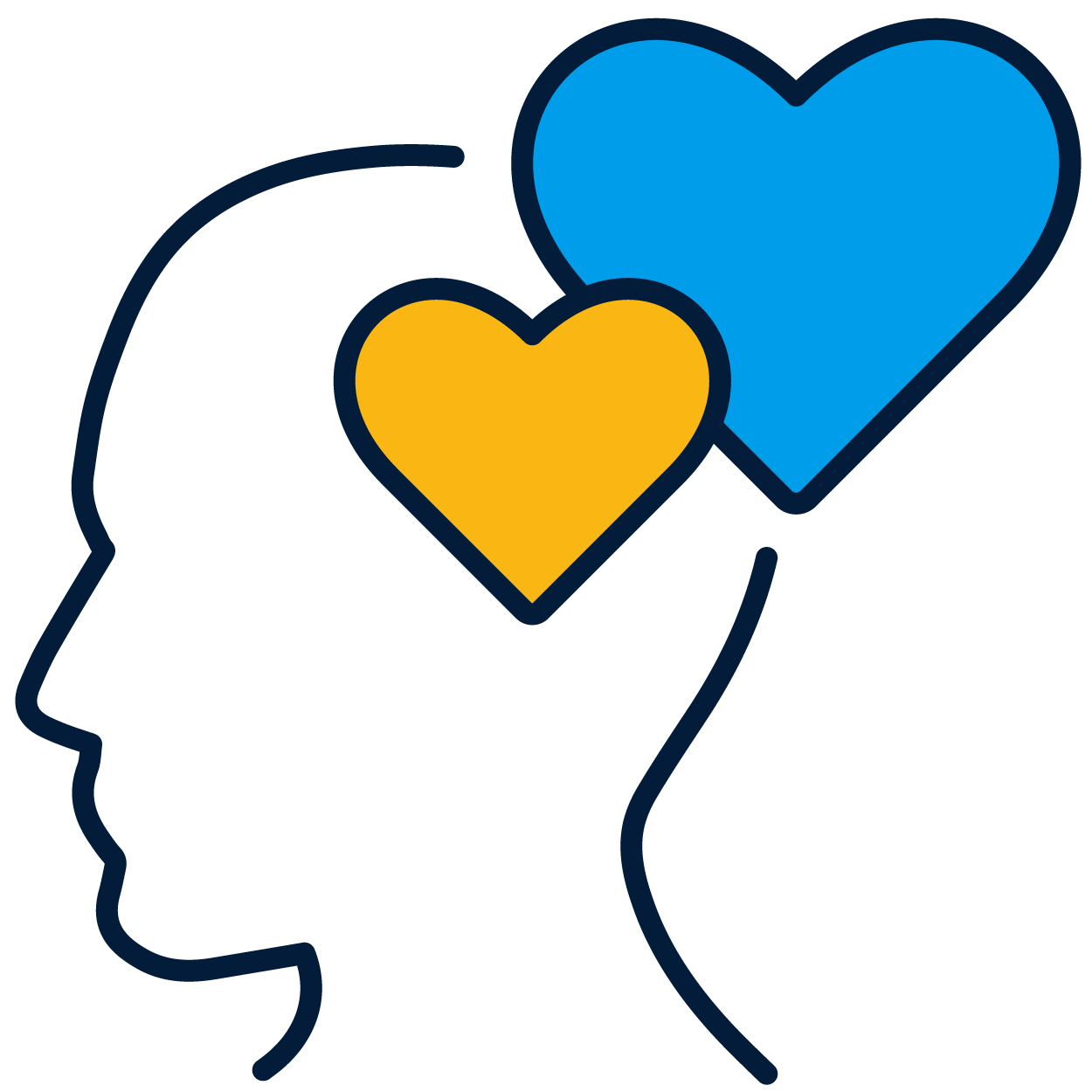 a silhouette of a person's head with hearts in their head