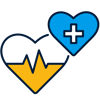 a blue and yellow heart with a plus and a cross