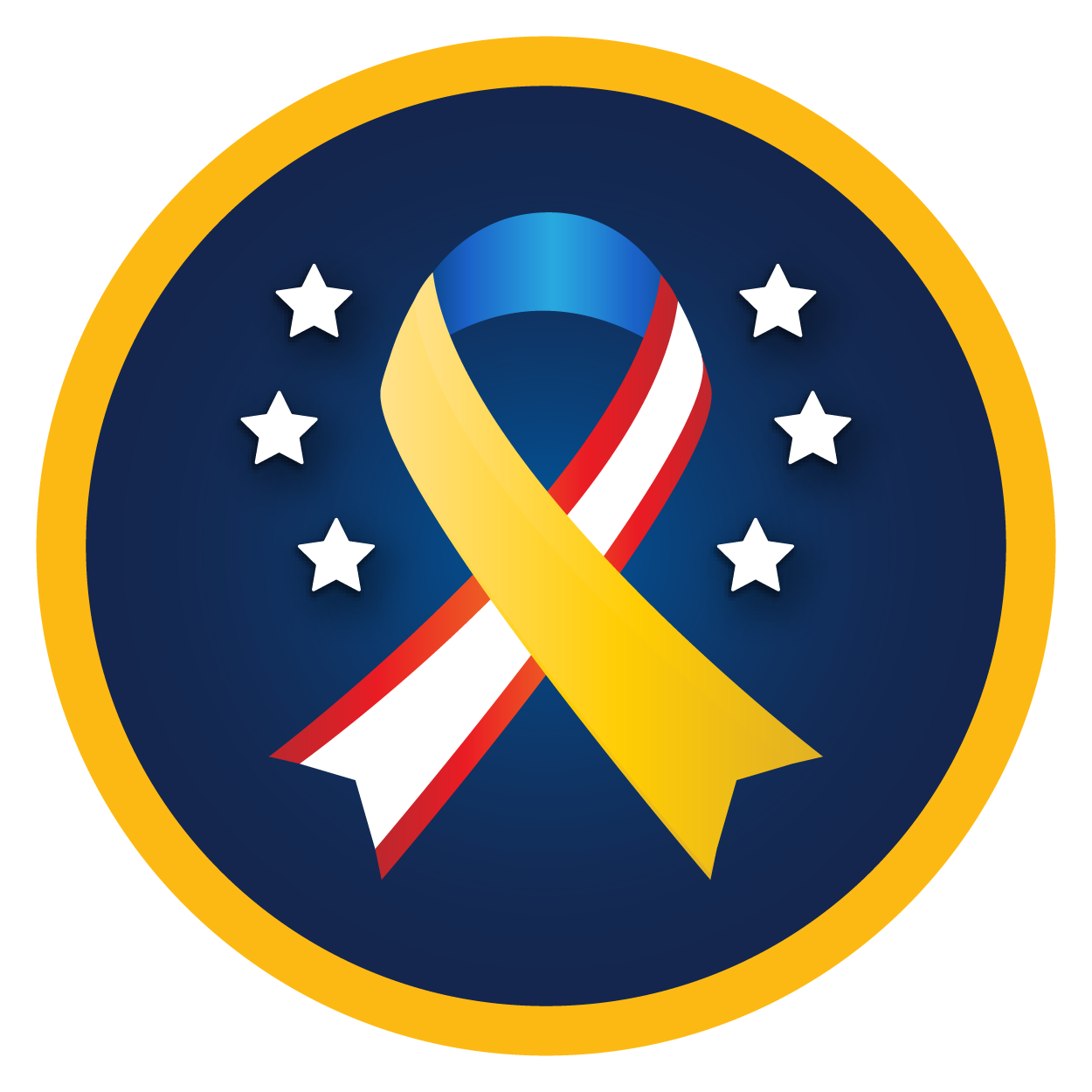 a blue and yellow ribbon with white stars